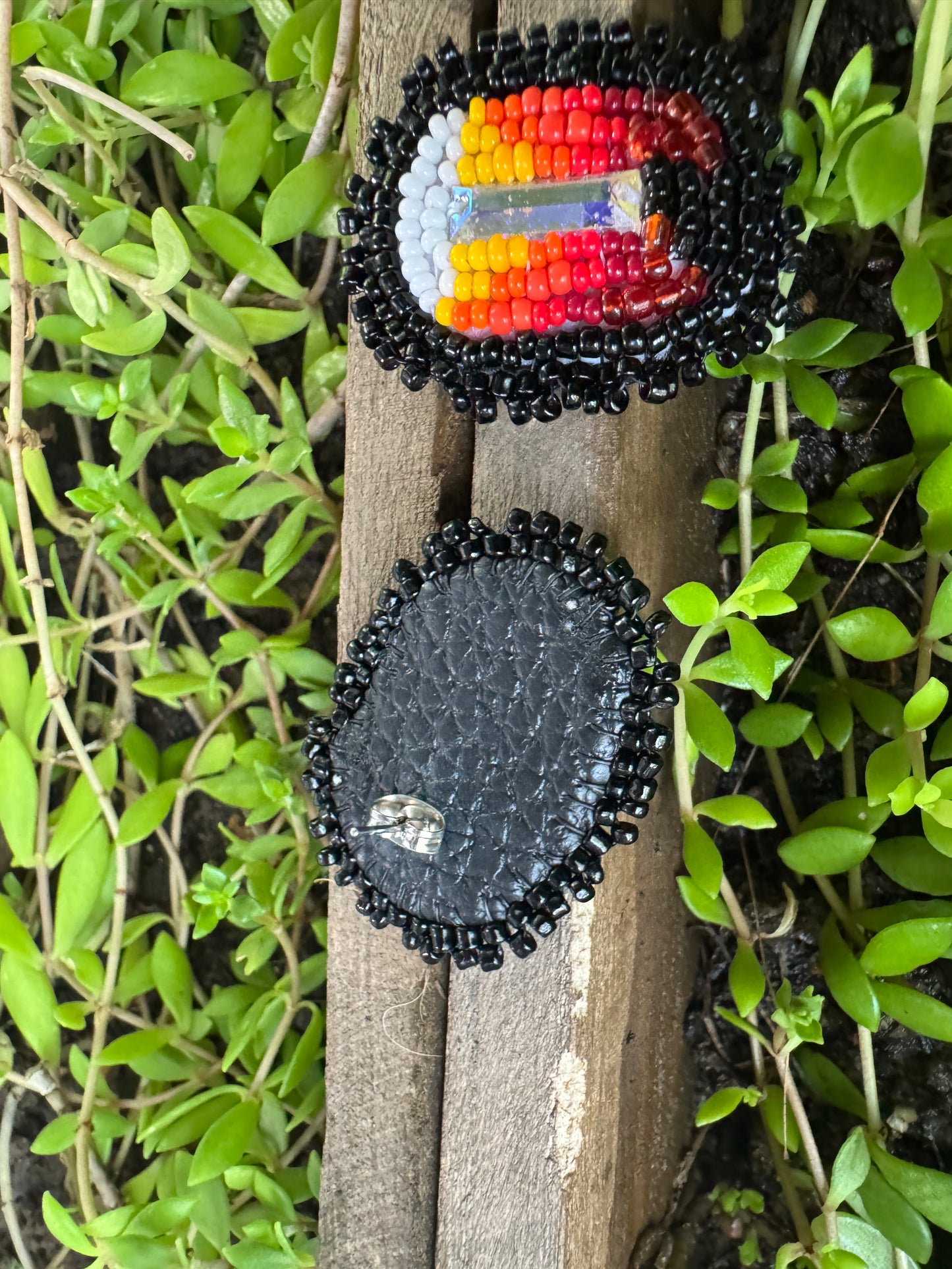 Handmade Beaded Rectangle Post Earrings - Medicine Wheel Colors - (1.5")