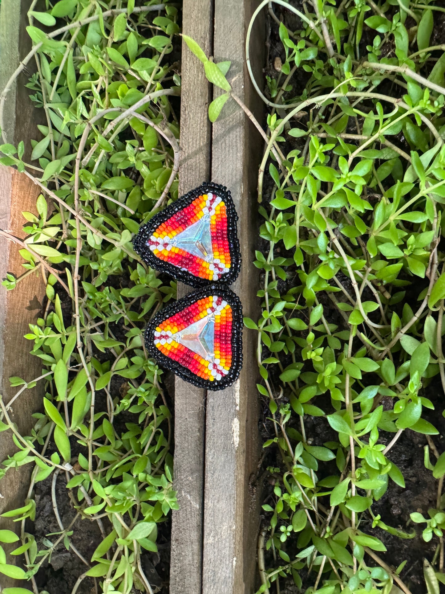 Handmade Beaded Triangle Post Earrings - Medicine Wheel Colors - (2.5")