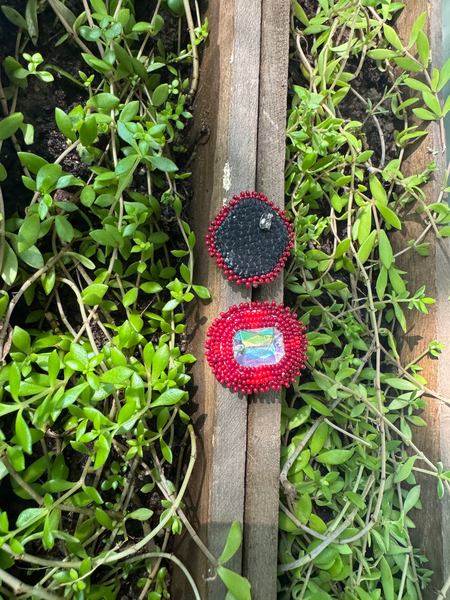 Handmade Beaded Rectangle Post Earrings - Reds - (1.5")