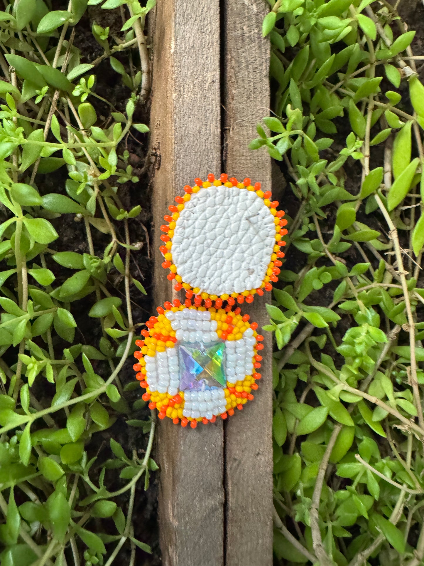 Handmade Beaded Round Post Earrings - Yellow / White - (1.5")