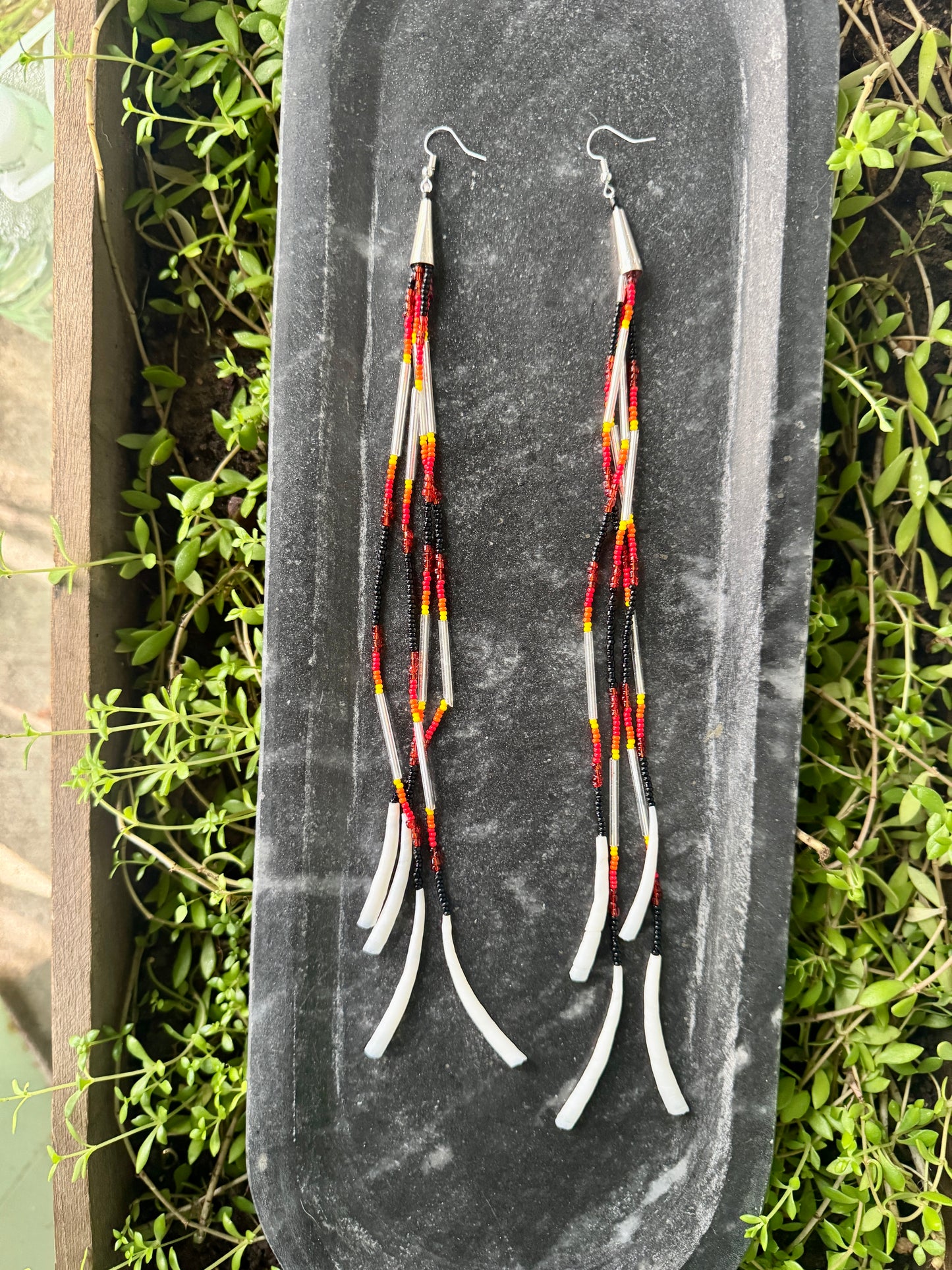 Handmade Beaded Dentalium Dangling Earrings - Medicine Wheel Colors - XXL (10.5")