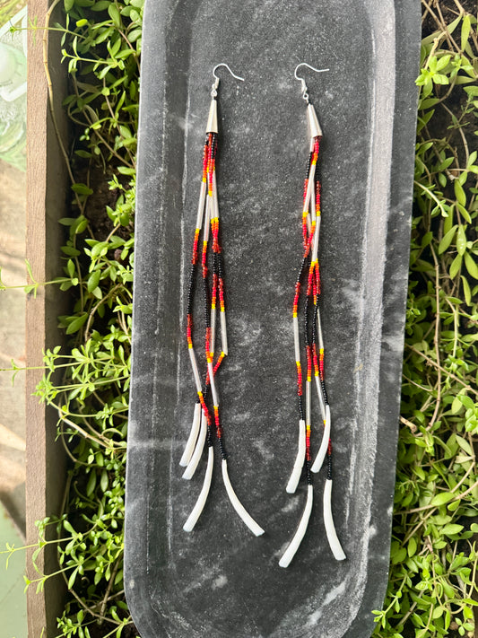 Handmade Beaded Dentalium Dangling Earrings - Medicine Wheel Colors - XXL (10.5")