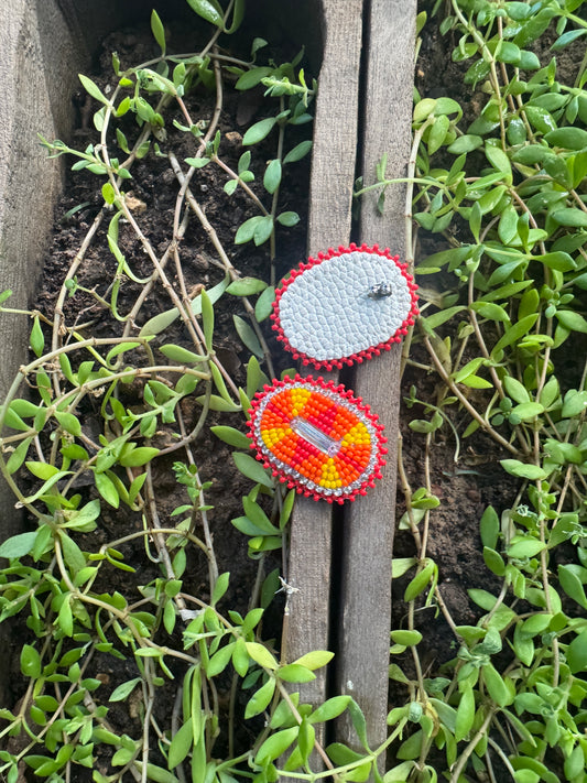 Handmade Beaded Round Post Earrings - Orange / Yellow - (1.5")