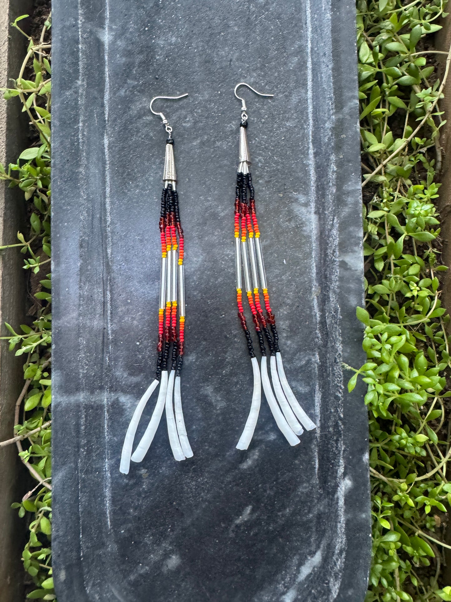 Handmade Beaded Dentalium Dangling Earrings - Medicine Wheel Colors - L (7")