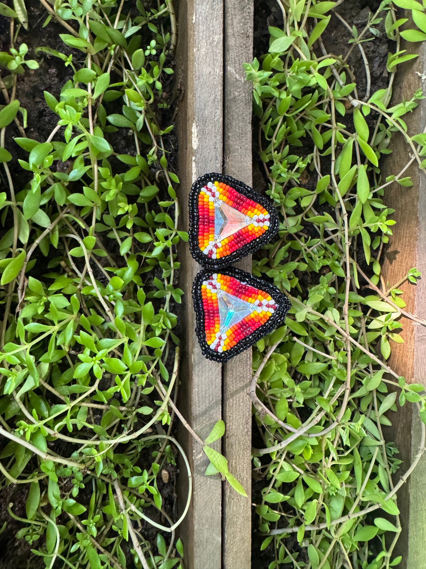 Handmade Beaded Triangle Post Earrings - Medicine Wheel Colors - (2.5")