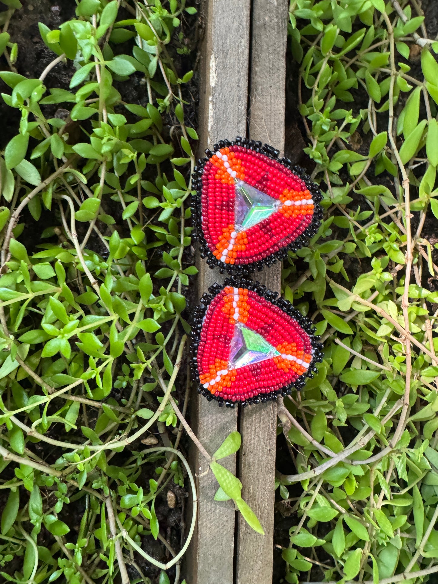 Handmade Beaded Triangle Post Earrings - Reds - (2.75")