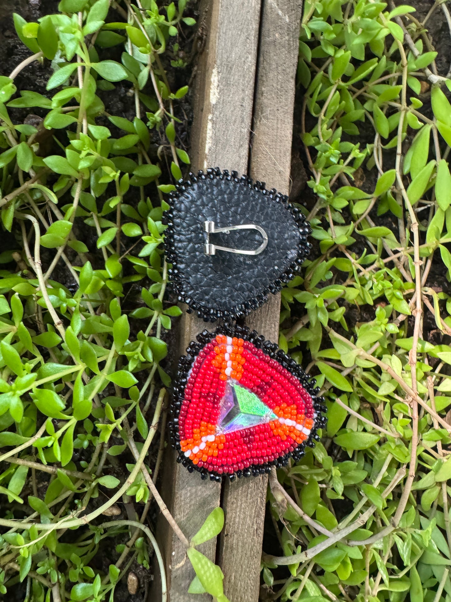 Handmade Beaded Triangle Post Earrings - Reds - (2.75")