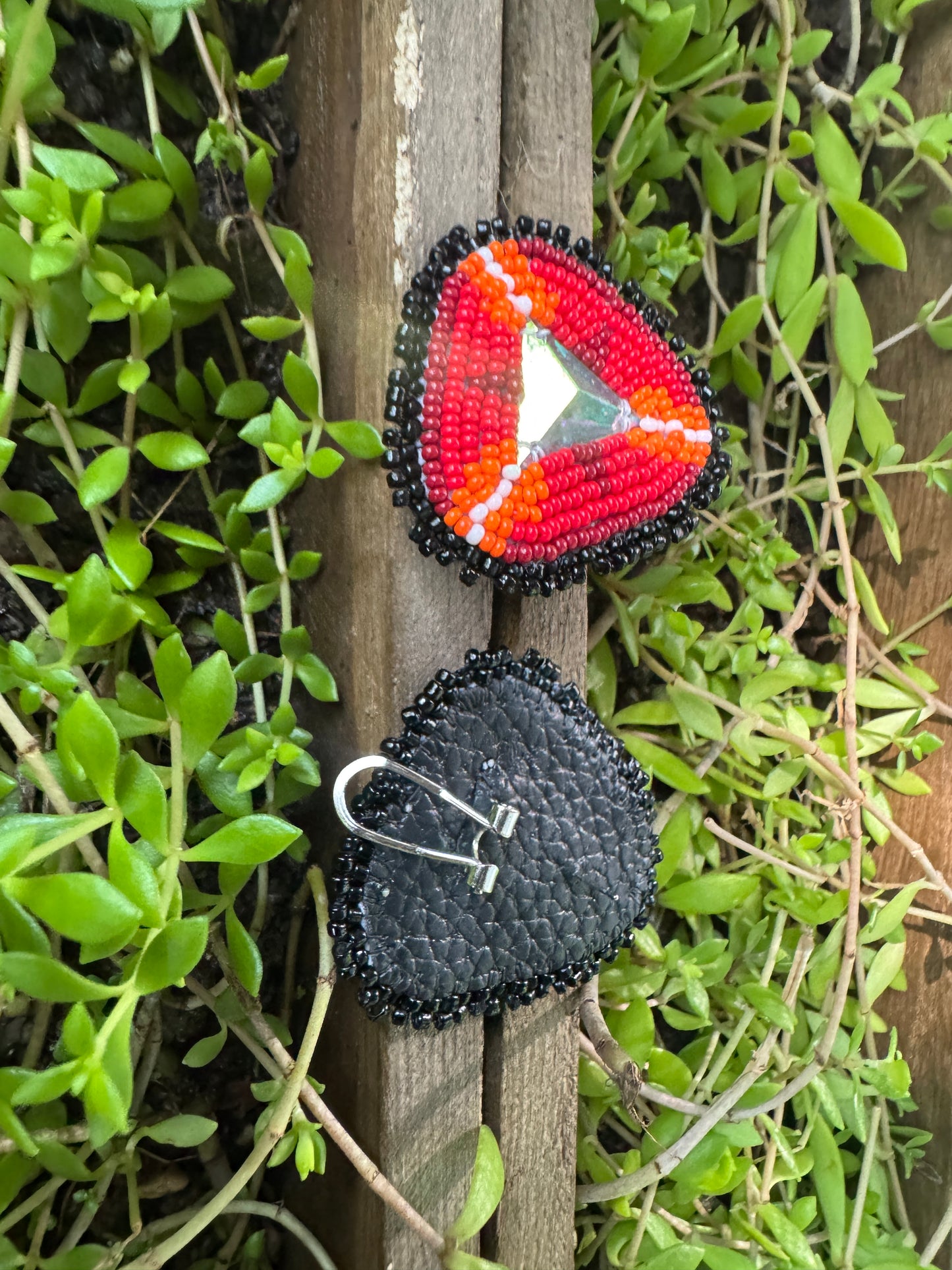 Handmade Beaded Triangle Post Earrings - Reds - (2.75")