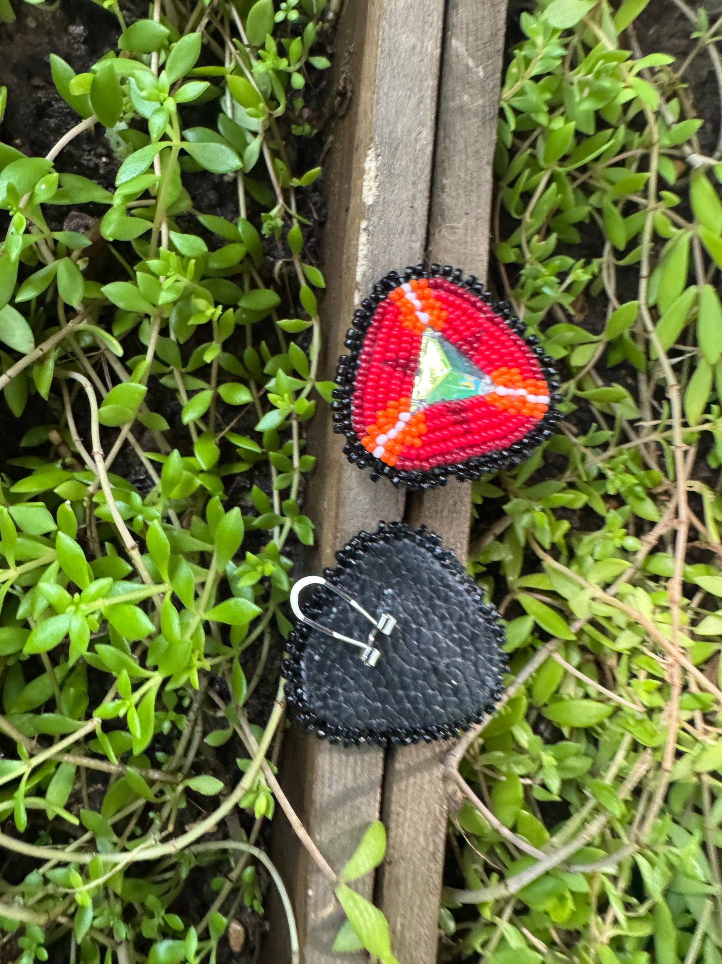 Handmade Beaded Triangle Post Earrings - Reds - (2.75")