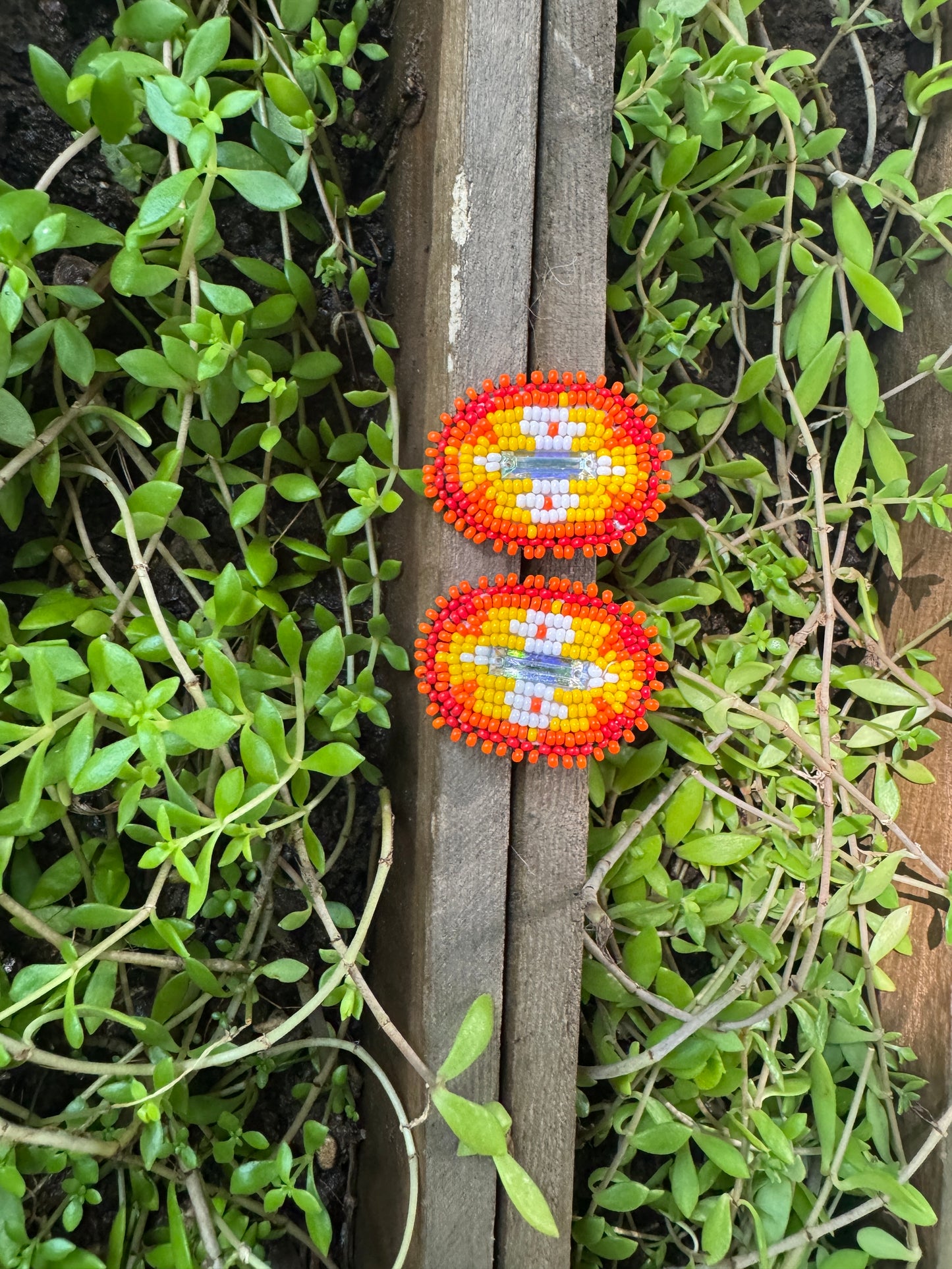 Handmade Beaded Rectangle Post Earrings - Orange - (1.5")