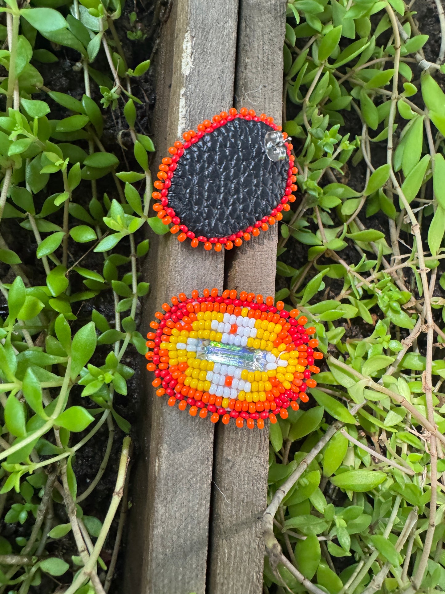 Handmade Beaded Rectangle Post Earrings - Orange - (1.5")