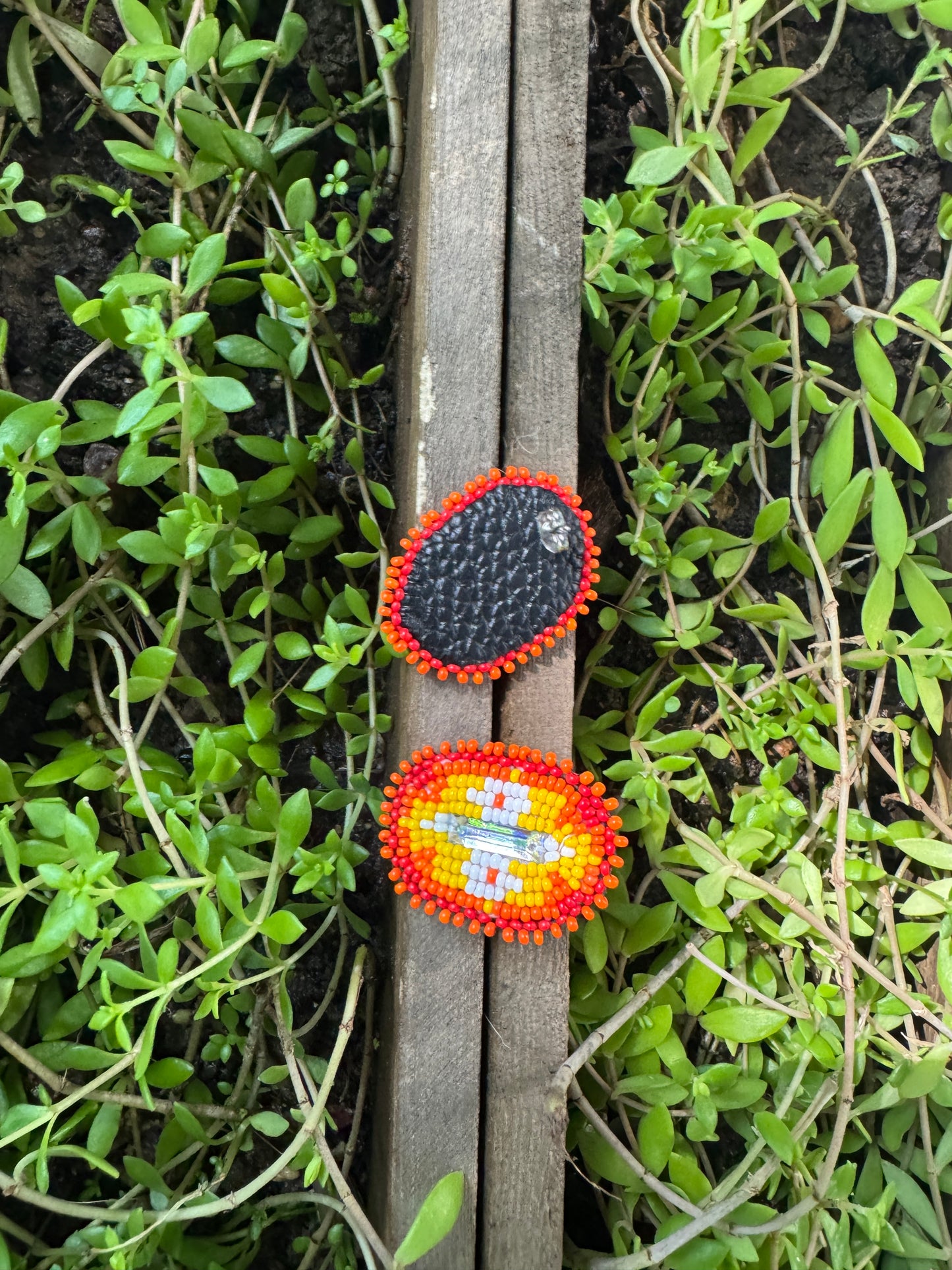 Handmade Beaded Rectangle Post Earrings - Orange - (1.5")