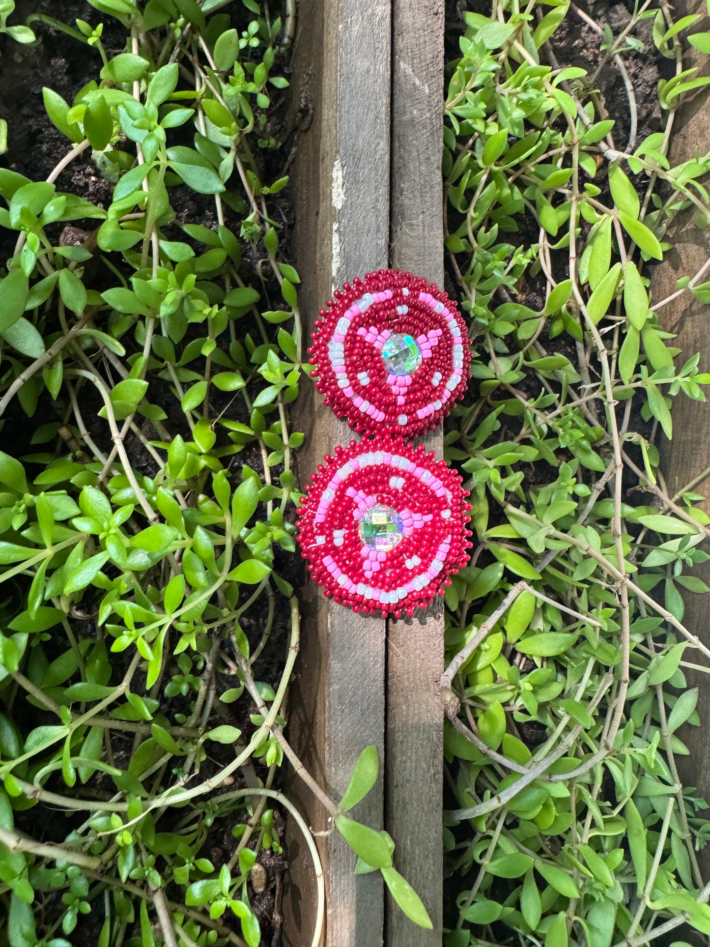 Handmade Beaded Round Post Earrings - Maroon & Pink - (1.5")