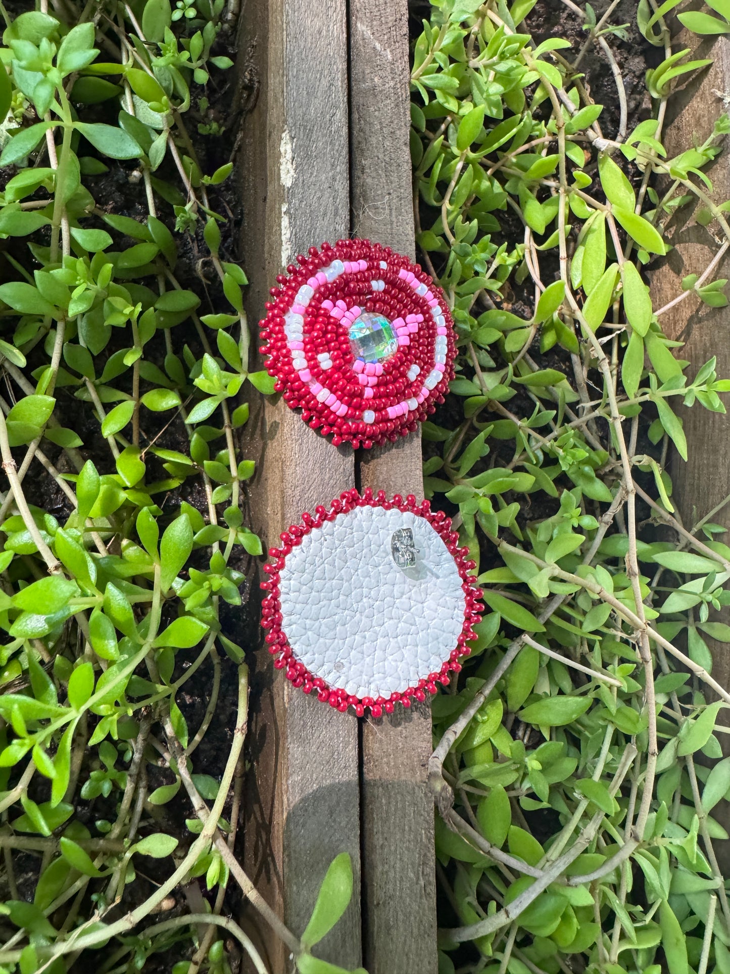 Handmade Beaded Round Post Earrings - Maroon & Pink - (1.5")