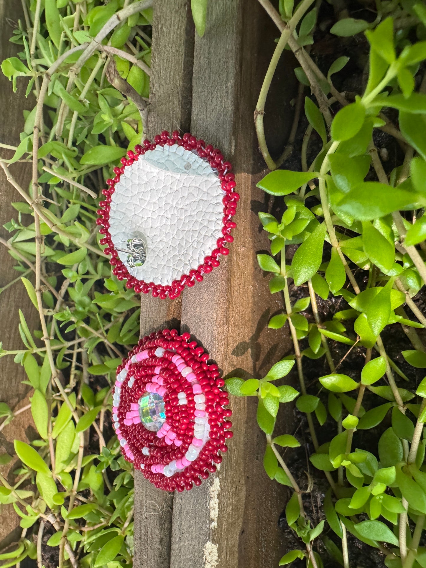 Handmade Beaded Round Post Earrings - Maroon & Pink - (1.5")