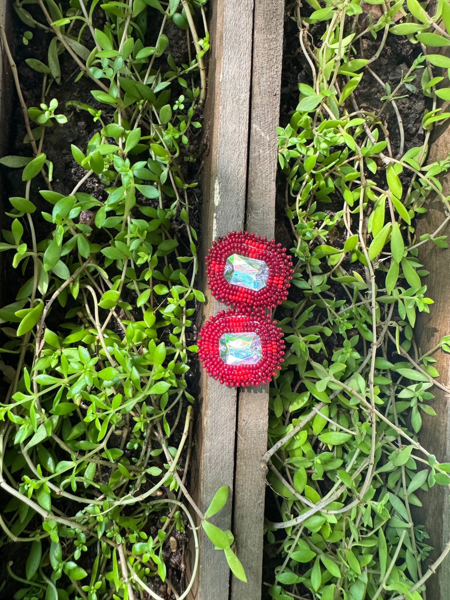 Handmade Beaded Rectangle Post Earrings - Reds - (1.5")