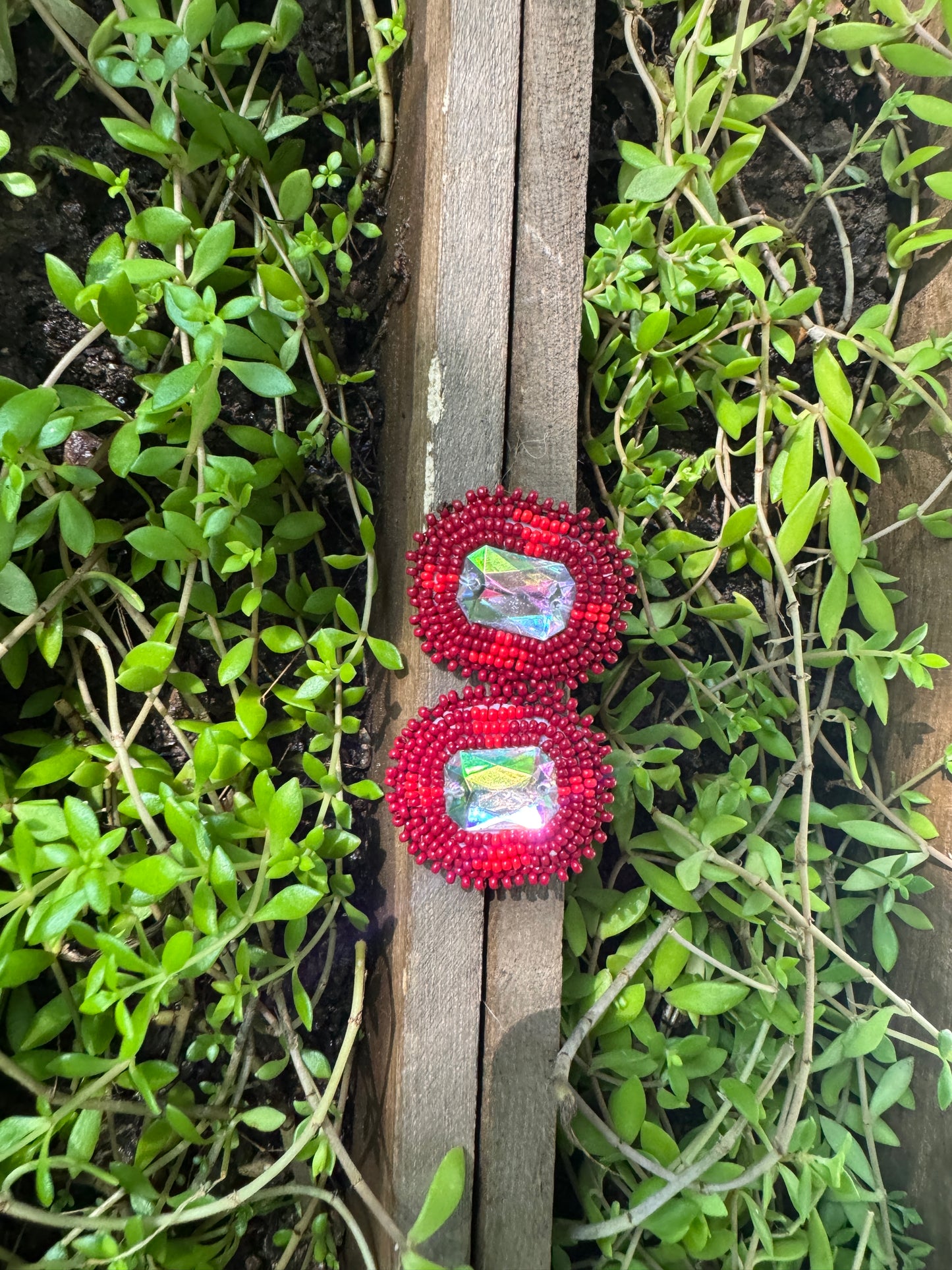 Handmade Beaded Rectangle Post Earrings - Reds - (1.5")