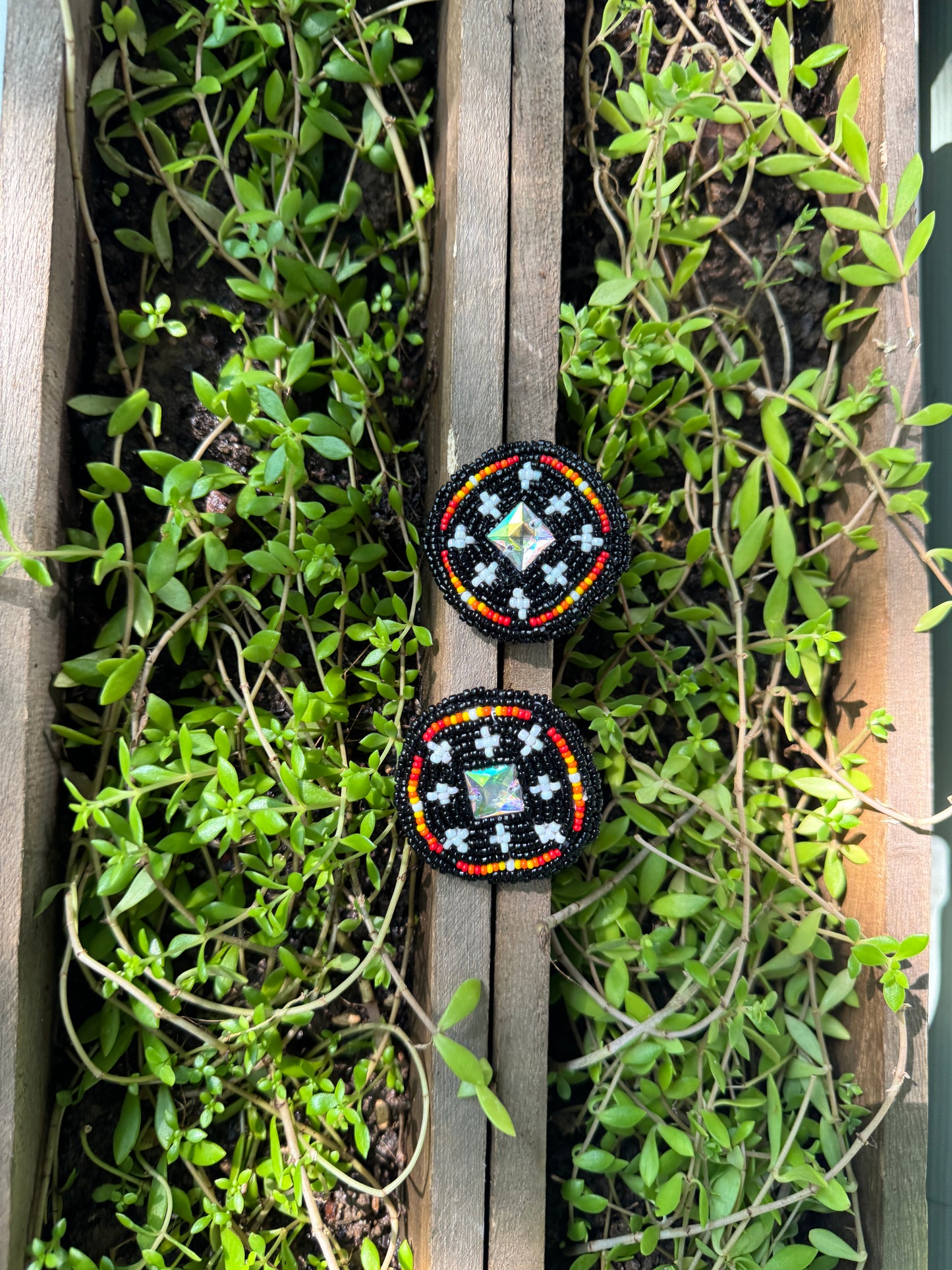 Handmade Beaded Round Post Earrings - Medicine Crosses - (2")