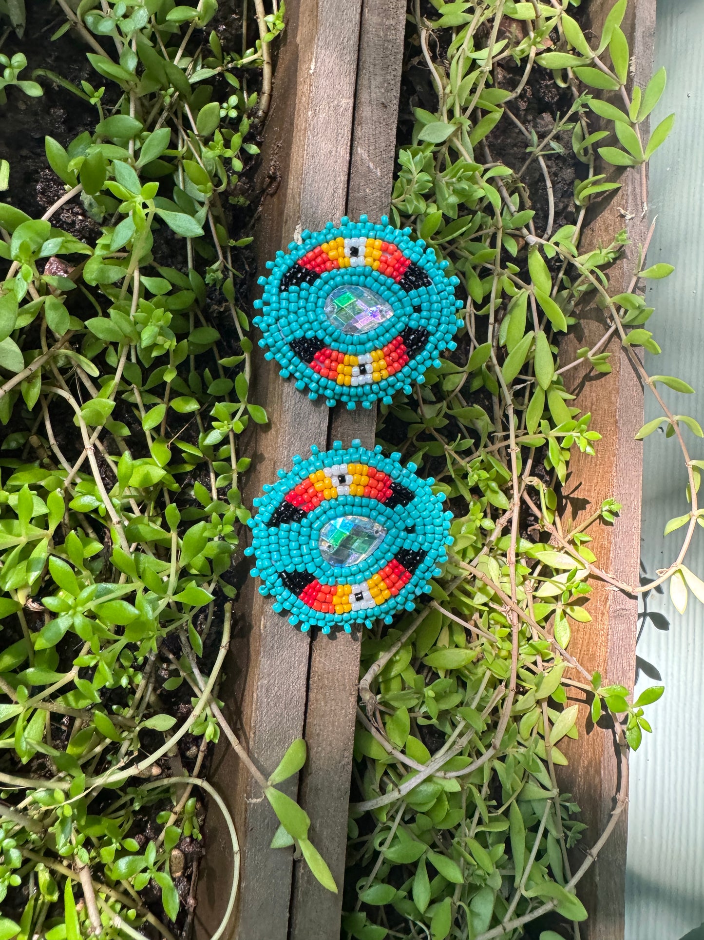 Handmade Beaded Oval Post Earrings - Teal & Medicine Wheel Colors - (2.25")