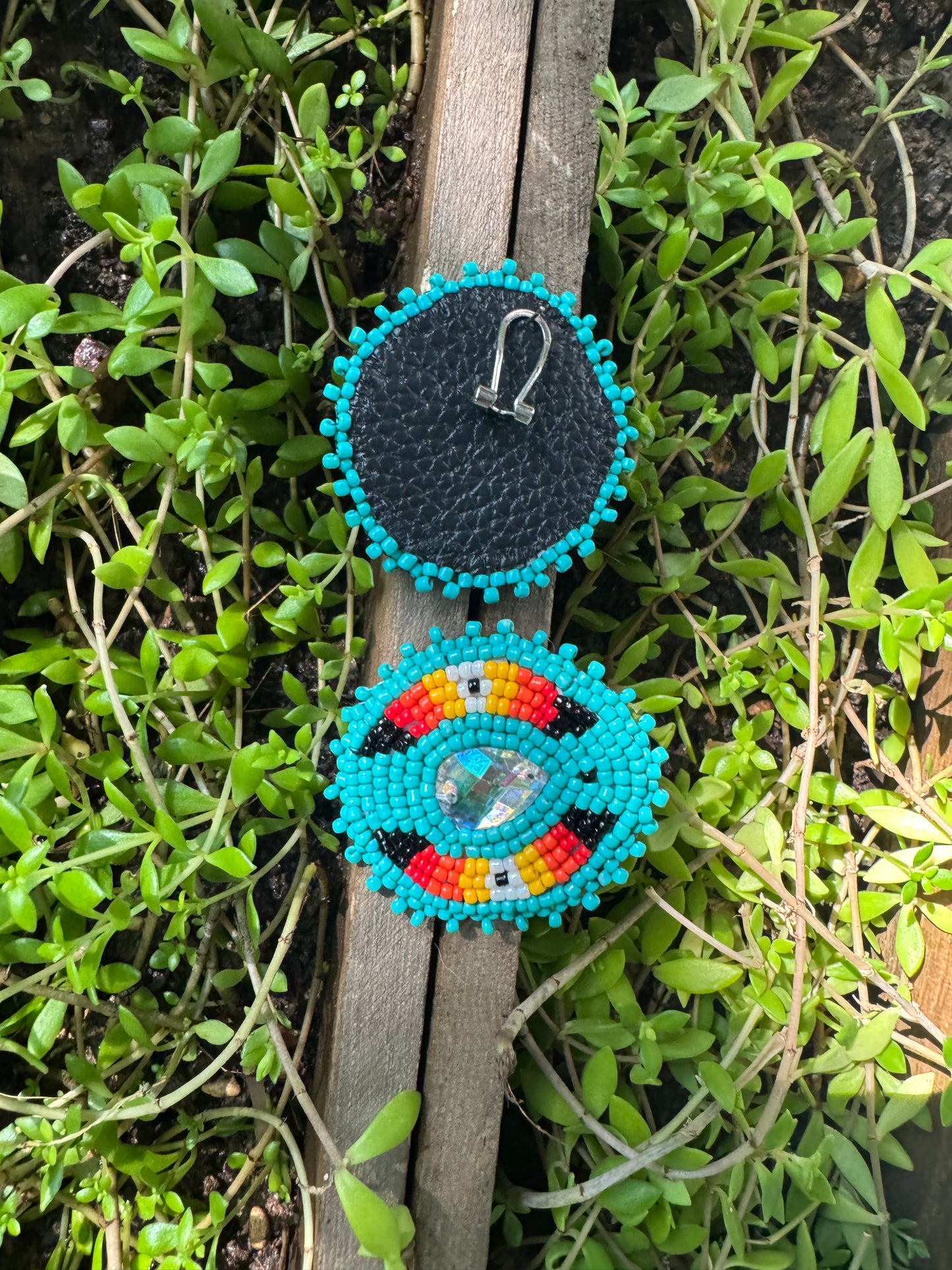 Handmade Beaded Oval Post Earrings - Teal & Medicine Wheel Colors - (2.25")