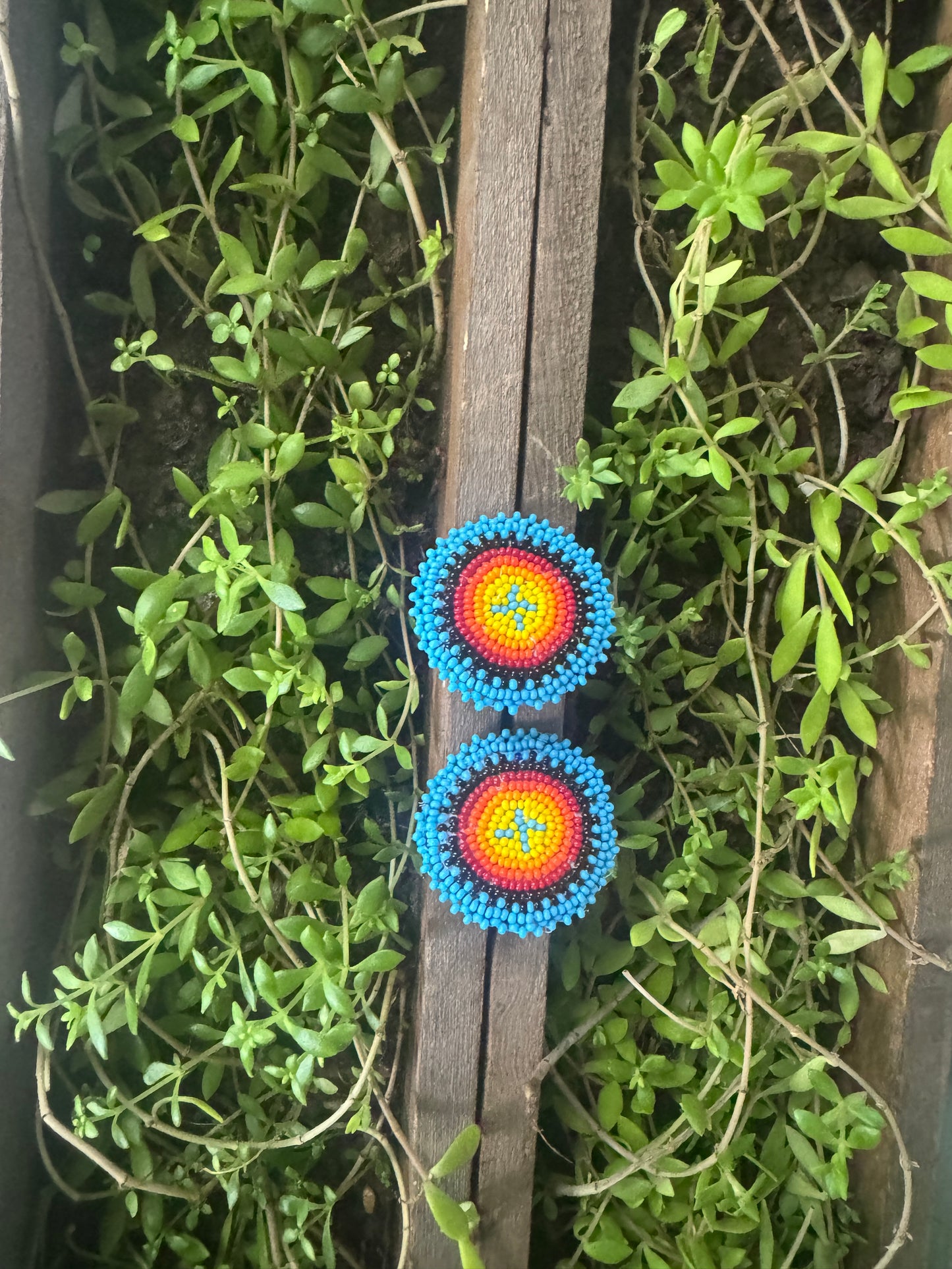 Handmade Beaded Round Post Earrings - Blue Base - (1.5")