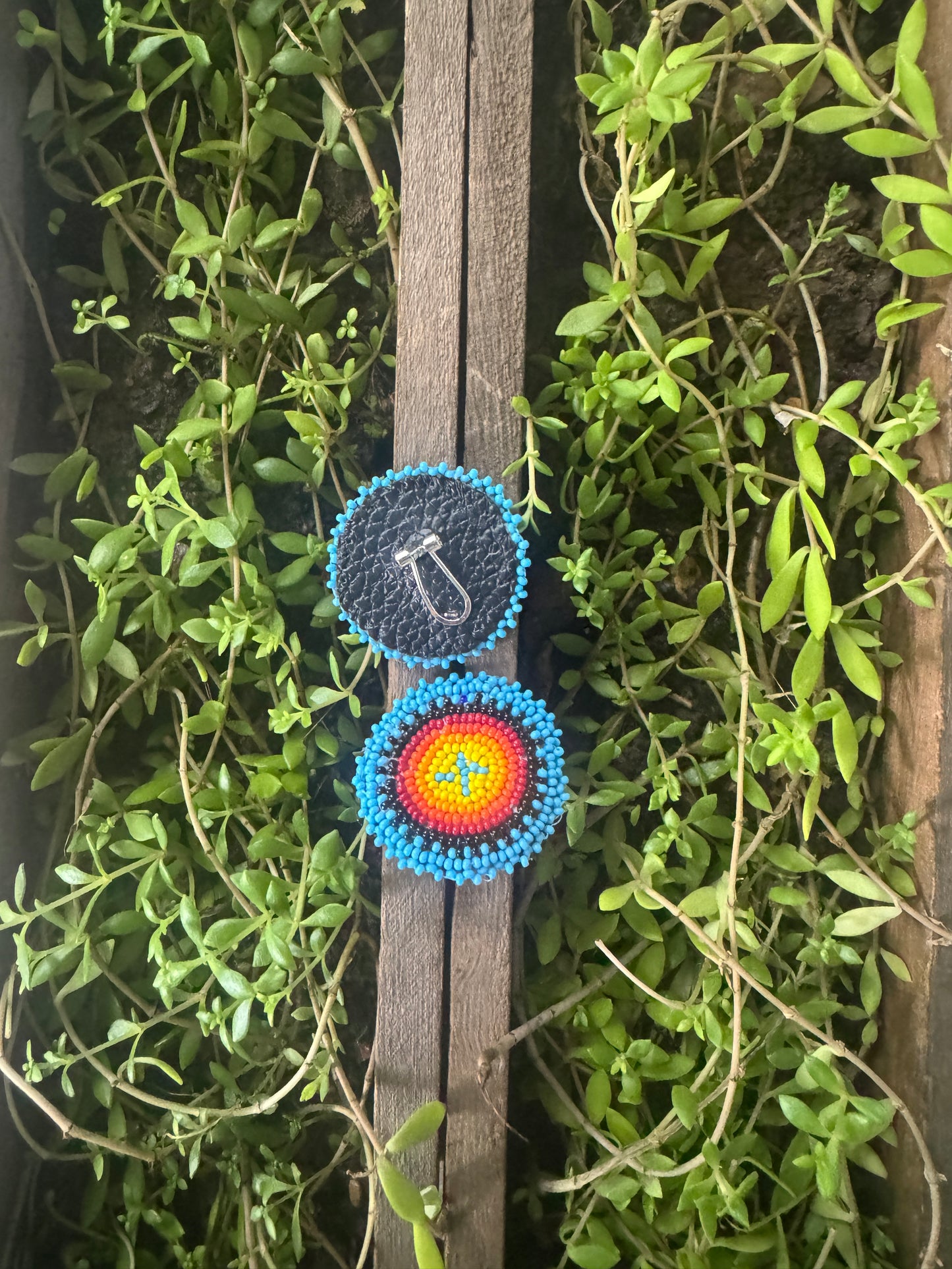 Handmade Beaded Round Post Earrings - Blue Base - (1.5")