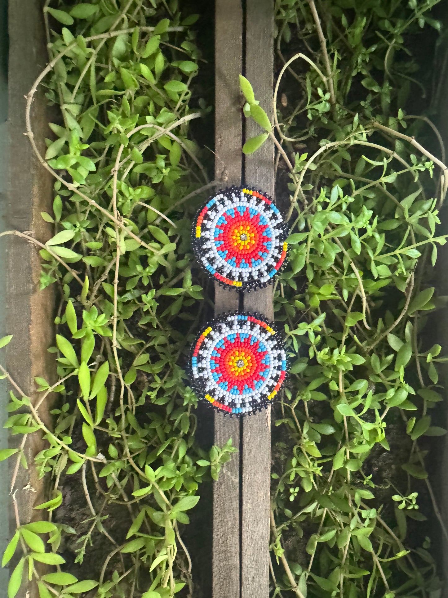 Handmade Beaded Round Post Earrings - Beaded Suns - (2")