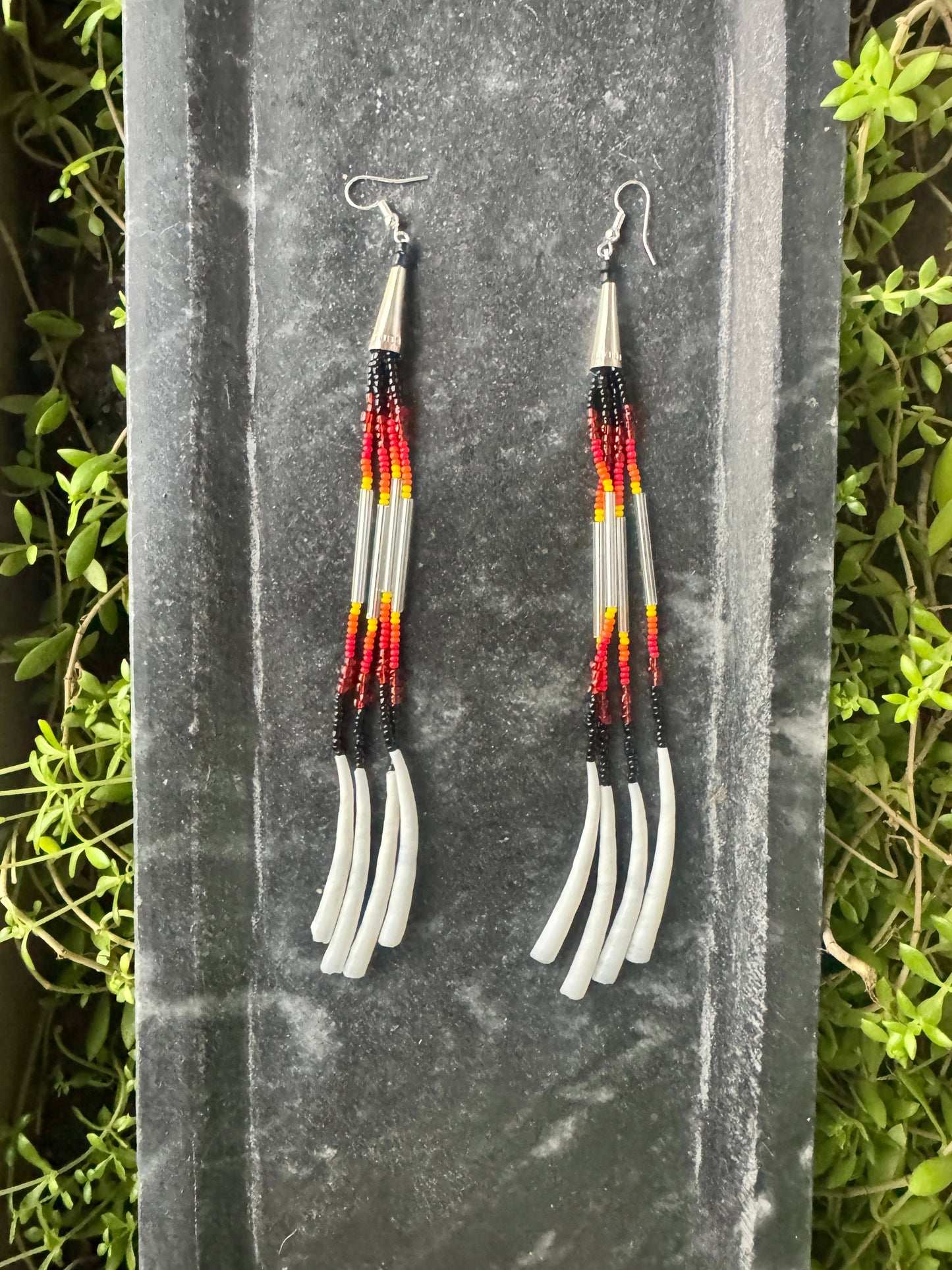 Handmade Beaded Dentalium Dangling Earrings - Medicine Wheel Colors - L (6.5")
