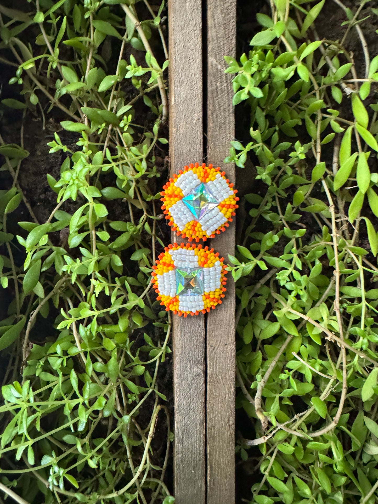 Handmade Beaded Round Post Earrings - Yellow / White - (1.5")