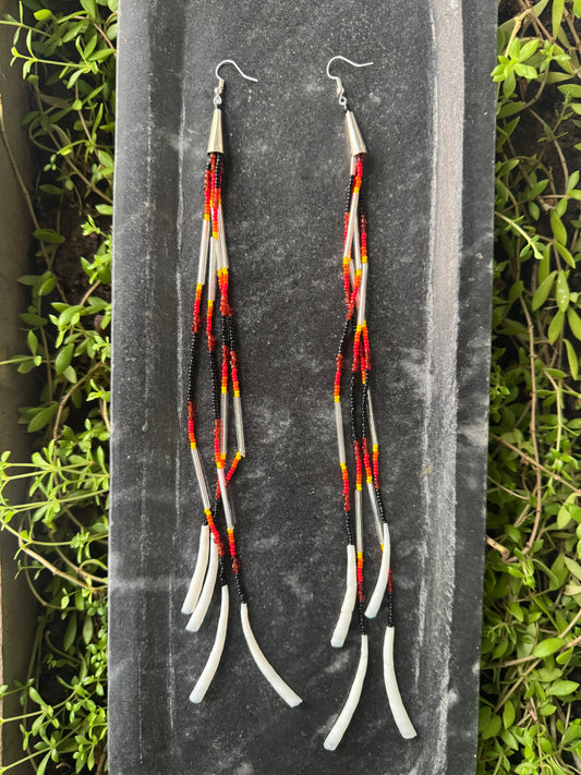 Handmade Beaded Dentalium Dangling Earrings - Medicine Wheel Colors - XXL (10.5")