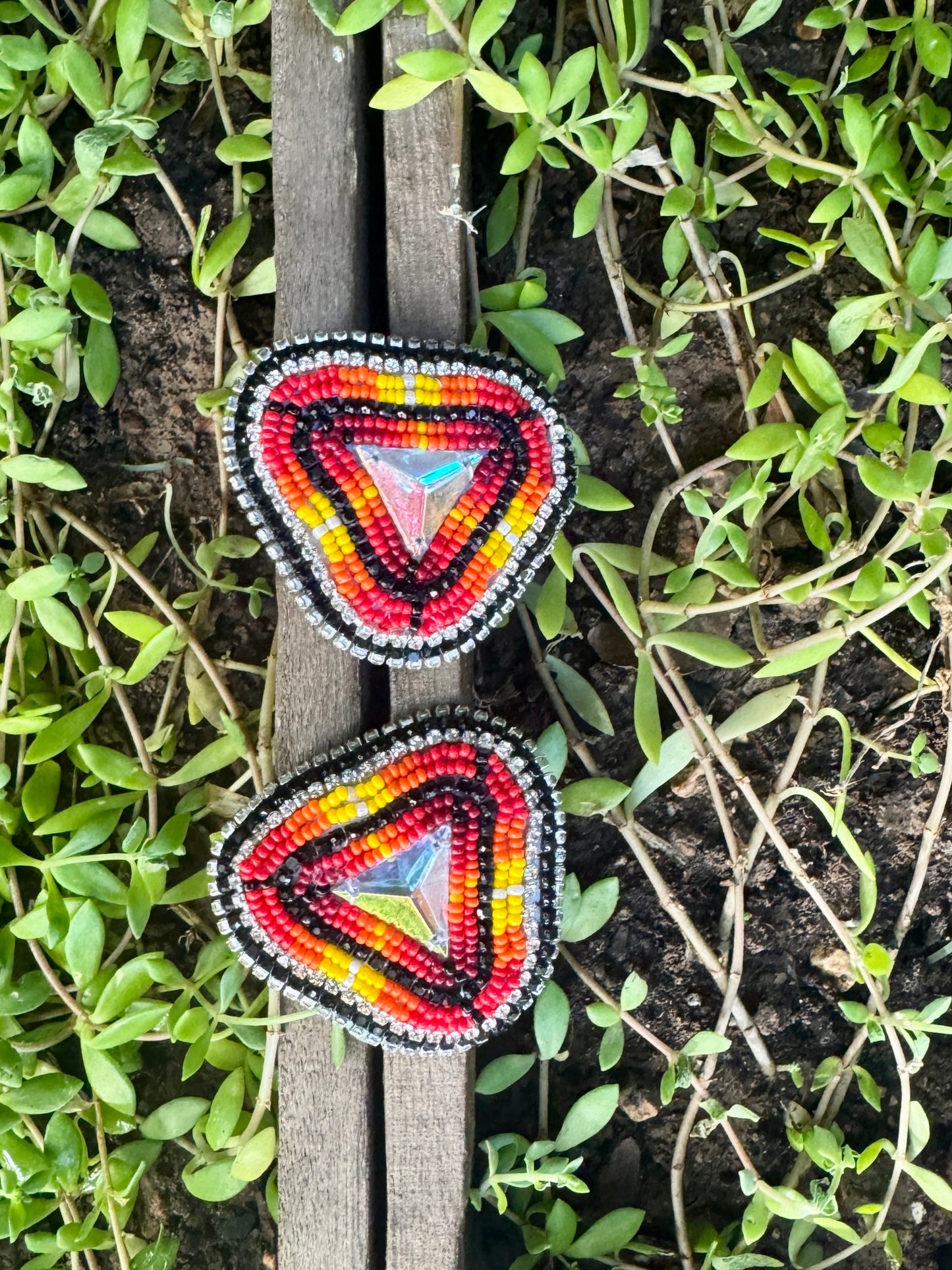 Handmade Beaded Triangle Post Earrings - Reds - (2.5")