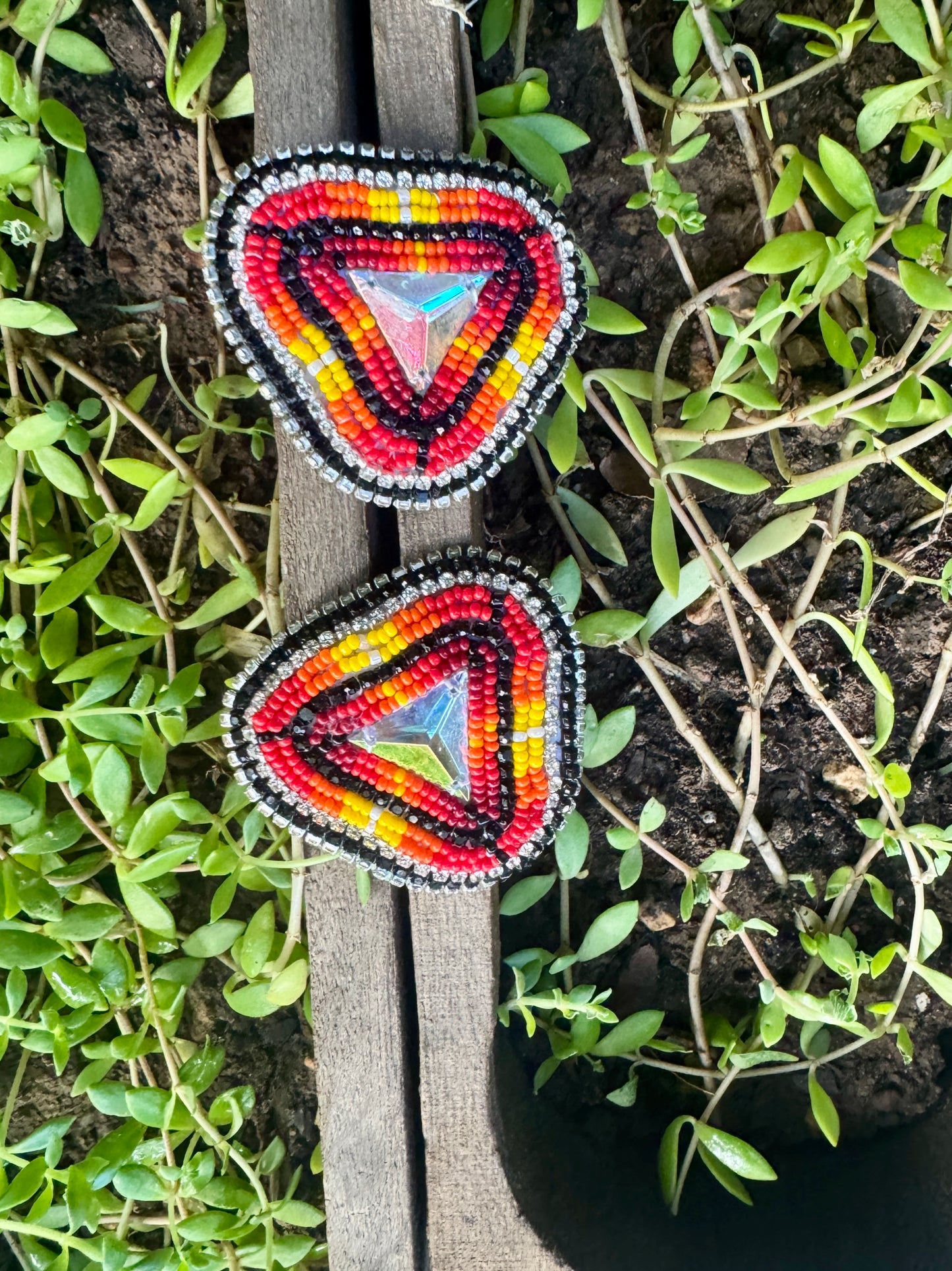Handmade Beaded Triangle Post Earrings - Reds - (2.5")