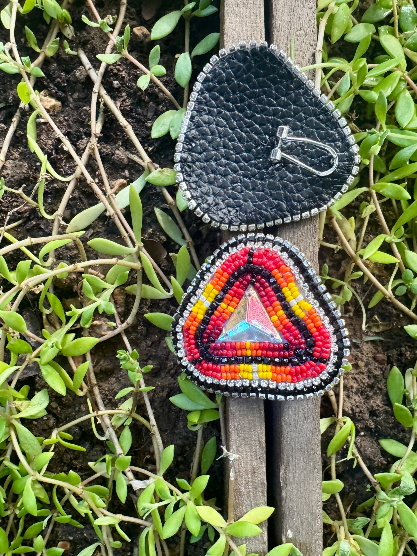 Handmade Beaded Triangle Post Earrings - Reds - (2.5")