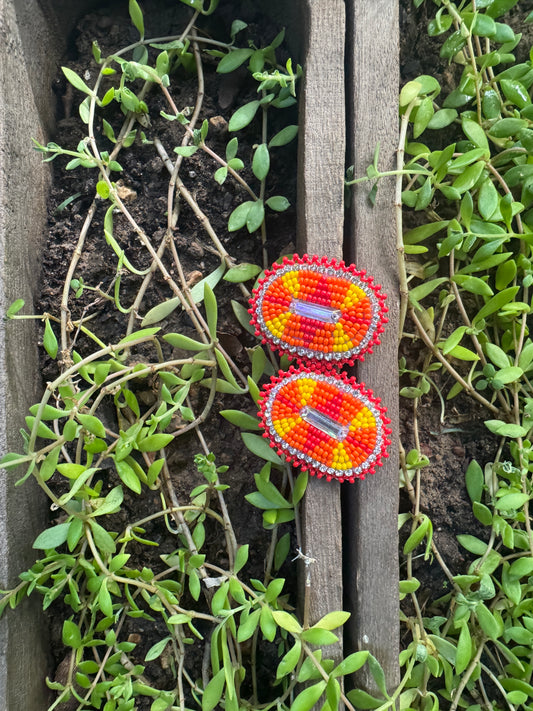 Handmade Beaded Round Post Earrings - Orange / Yellow - (1.5")