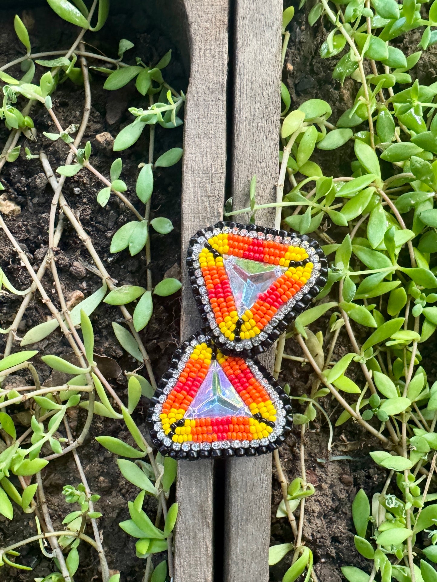 Handmade Beaded Triangle Post Earrings - Red, Orange, Yellow - (1.5")