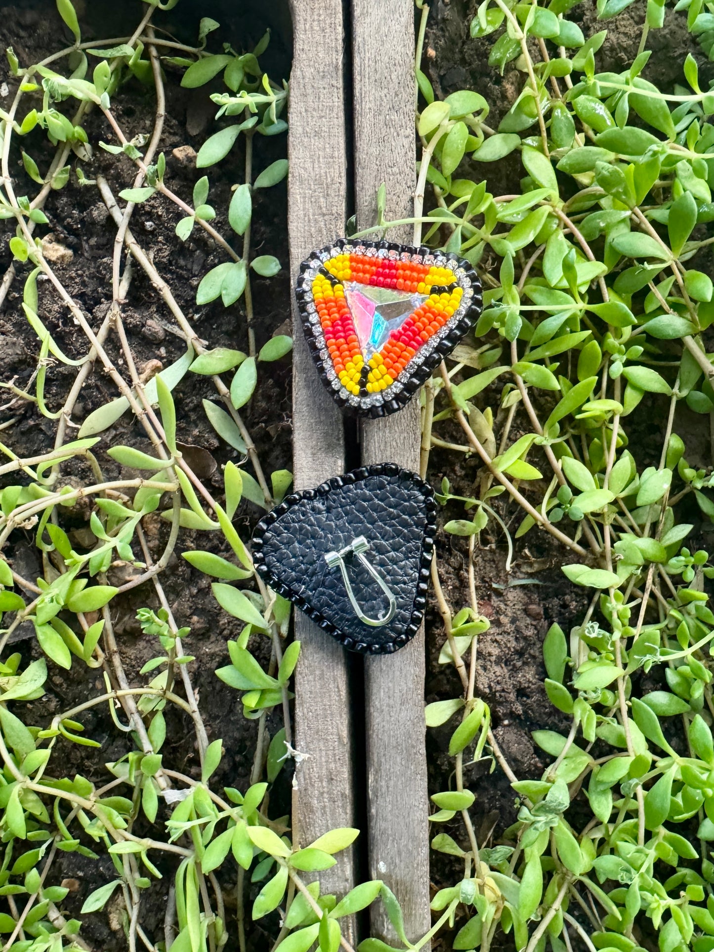 Handmade Beaded Triangle Post Earrings - Red, Orange, Yellow - (1.5")