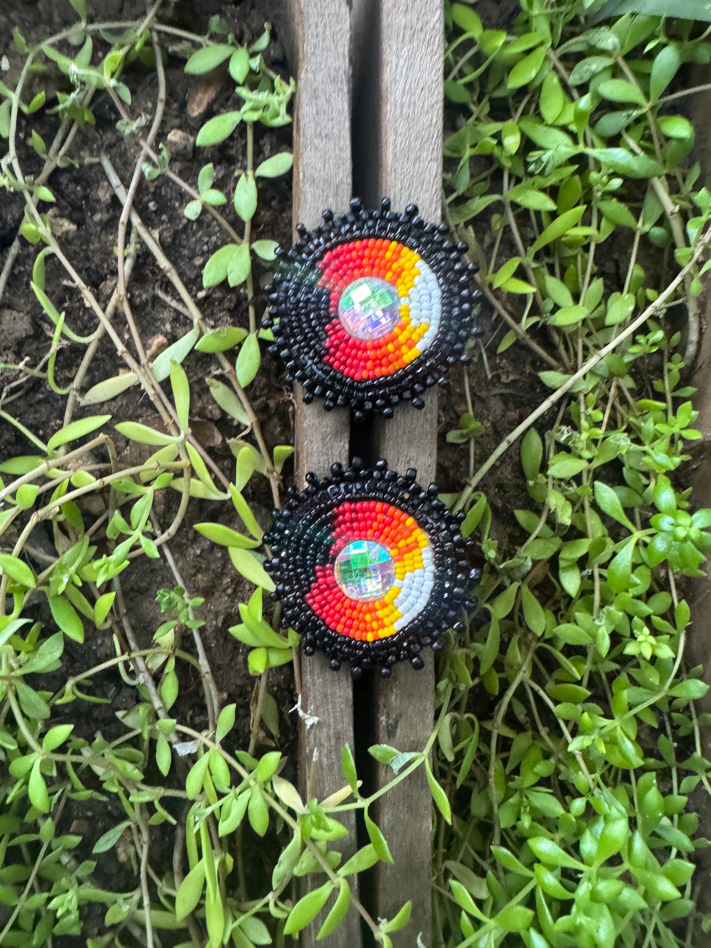 Handmade Beaded Round Post Earrings - Medicine Wheel Colors - (2")