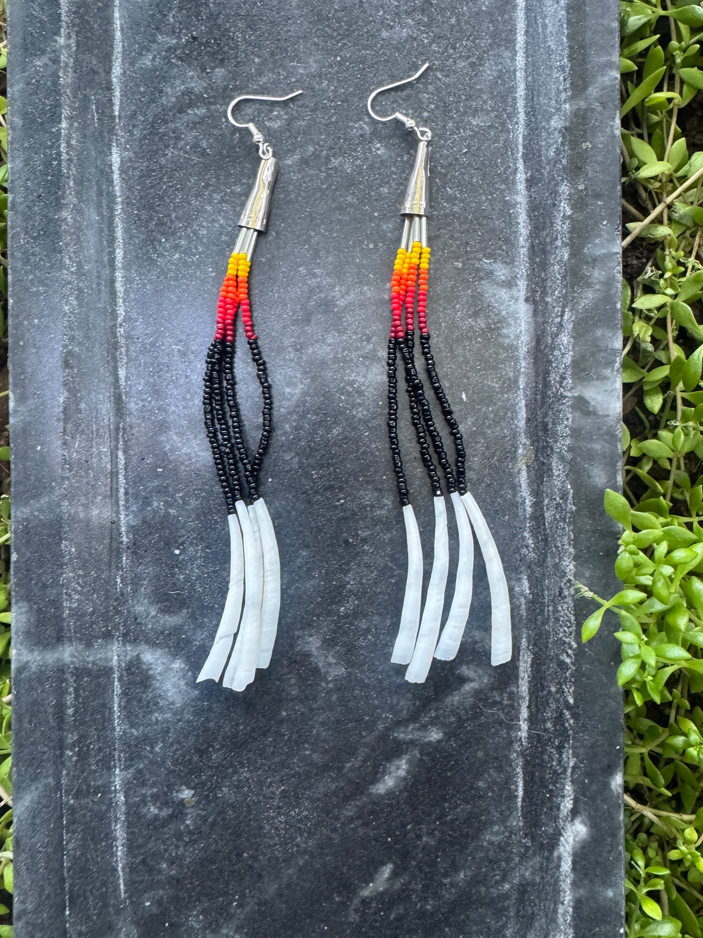 Handmade Beaded Dentalium Dangling Earrings - Medicine Wheel Colors - M (5")